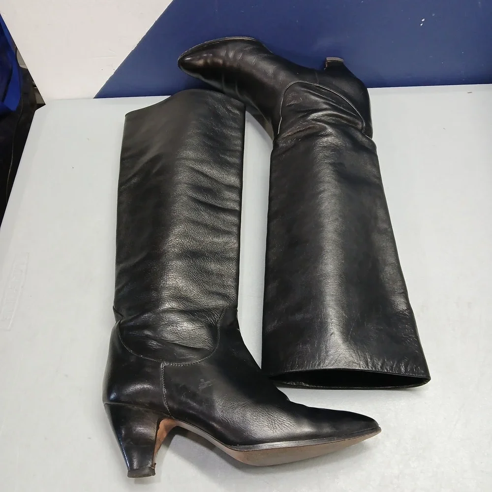 Vintage Hana Mackler Knee-High Boots Womens Size 9B Black Pointed Toe Italy Made